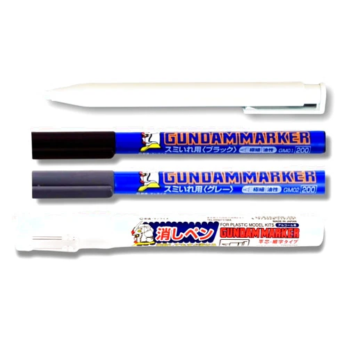 Someie GSI Creos Gundam Marker Ultra Fine for Panel Lining GM01 Black & GM02 Gray & Eraser Pen GM300 & Knock-Type Eraser