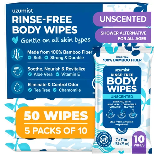 Uzumist Body Wipes For Adults Bathing No Rinse XL - 50 Adult Wipes For Elderly Care, Bedridden, Post Workout,Travel - Extra Thick Shower Wipes For Women Men Everyday Use - Disposable Washcloths For Adults