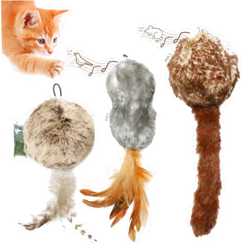 PETFUTURE Interactive Cat Toys with Catnip, Squeaky Cat Toys for Indoor Cats, 3PCS Plush Cat Balls with Soft Feather, Hanging Cat Toys