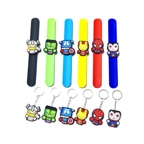 HUANGQH 6Pcs Sets Include 6 Cartoon Character Silicone Slap Bracelets, and 6 Keychains.Boys and Girls Party Favors Gifts Carnival Prizes.
