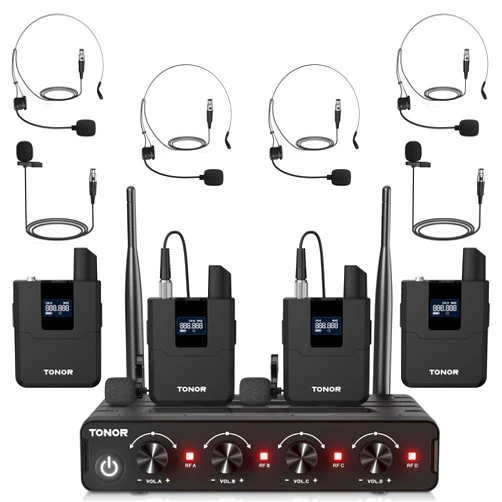 TONOR Wireless Microphones System with UHF Headset/Lavalier Lapel Mics, Bodypack Transmitter, Receiver, 4 * 10 Channels, 200ft Range for Church Conference Performance Singing Karaoke PA Speaker Mixer