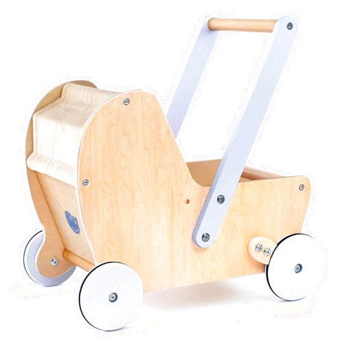 Pillowhale Wooden Baby Doll Pram Stroller,Wooden Baby Walker Push and Pull Doll Stroller,Baby Wooden Toy Stroller for Toddler Boys Girls 18 Months and Up