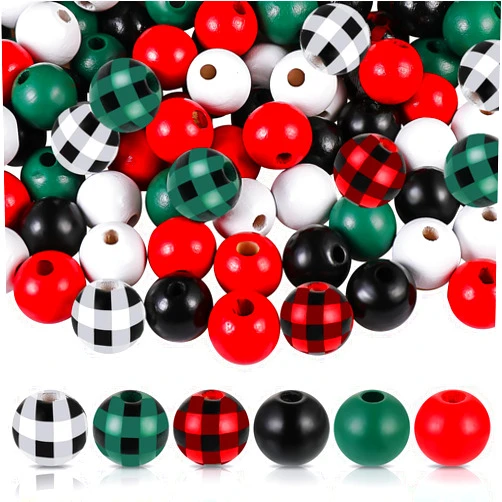 Waydress 200 Pieces Christmas Wood Beads for Crafts Buffalo Plaid Colorful Wood Spacer Beads Rustic Farmhouse Wooden Beads for DIY Crafts Garland Home Decor (Fresh Style)