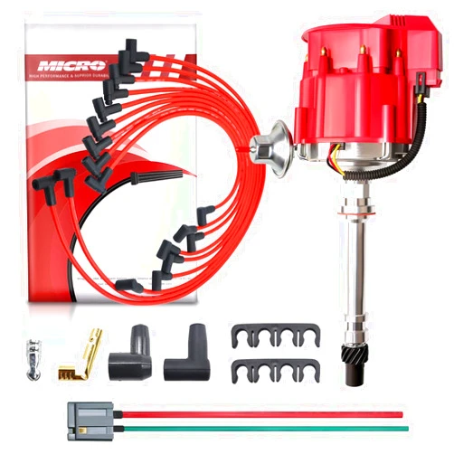 MAS Racing HEI Ignition Distributor with Wiring Set Replacement for Chevy 302 454 gm SBC BBC 65k Coil 7500RPM Chevrolet C10 GMC 400 350 V8 4.6L 5.0L 5.7L 6.5L 6.6L 7.4L(HEI Red Cap)