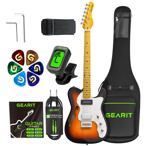 GEARit Electric Guitar (Premium Ash Tonewood) Thinline Semi-Hollow Body GTL-200 Shoreline, 39in Full-Size, P90 Pickup, Humbucker Coil Split - Sunburst