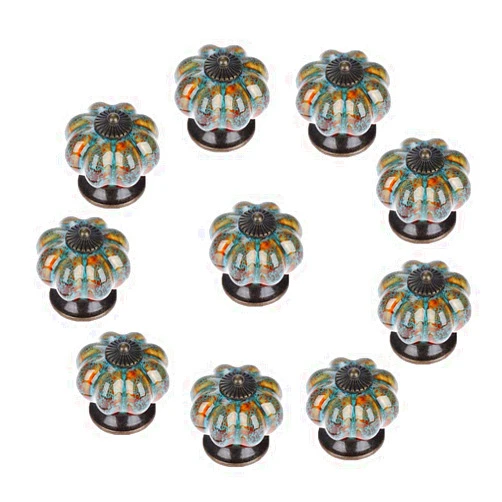 CENGOOD 10 Pack Ceramic Cabinet Knobs Pumpkin Shape 1.57inch Leopard Blue for Cupboard Drawer Dresser Door Furniture Kids Room