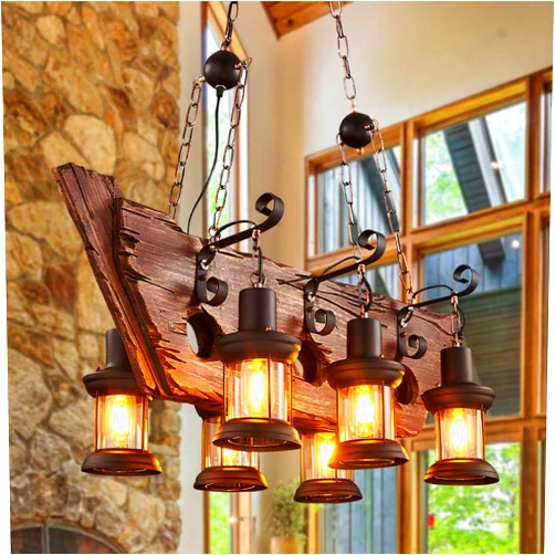 PDDL Home Boat Shape Rustic Pendant Lighting Fixtures Over Table Farmhouse Wooden Chandelier 6-Lights for Kitchen Island Vintage Industrial Hanging Ceiling Lamp for Living Dining Room