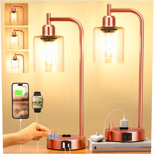 Innqoo Industrial Table Lamps for Bedrooms Set of 2 - Fully Dimmable Bedside Lamps with USB Ports and Outlet, Copper Nightstand Lamps with Glass Shade for Living Room, Desk Lamps for Office Reading