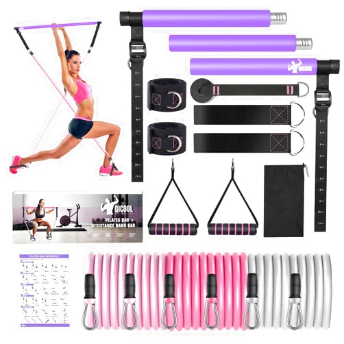Qicool Pilates Bar Kit with Resistance Bands, Workout Sets for Women & Men, Qicool Pilates Resistance Bands Exercise Fitness Equipment Home Gym Yoga, Multifunctional Full Body