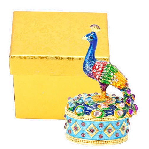 Qyebavge Peacock Figurine Hinged Jewelry Storage Box Hand-Painted Zinc Alloy Elegant Desktop Ornament