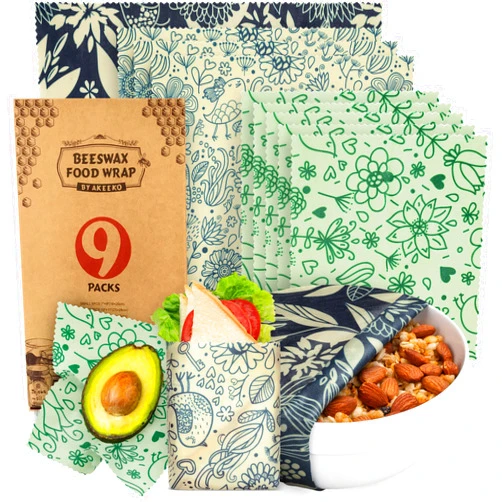 Akeeko Reusable Food Wraps w/Beeswax Assorted 9 Packs - Eco-Friendly Reusable Wraps, Biodegradable, Zero Waste, Organic, Sustainable, Plastic-Free Food Storage, 5S, 3M, 1L w/Flowers and Birds Pattern