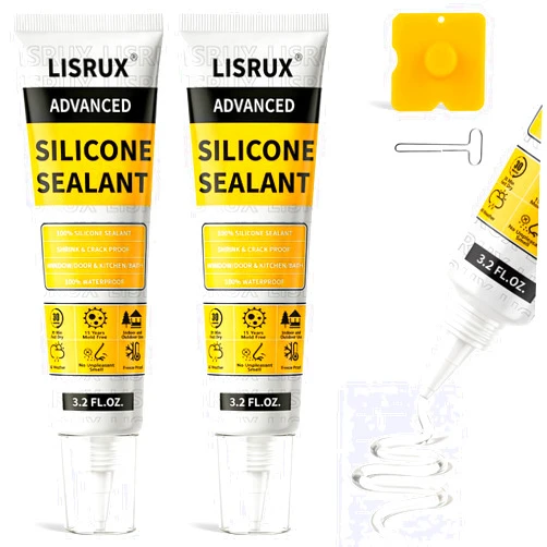 LISRUX Advanced Clear Silicone Caulk for Kitchen & Bathroom - 2 Pack (3.2 Fl Oz Each) | 100% Waterproof Silicone Sealant | Super Strong Adhesion, Shrink & Crack Proof