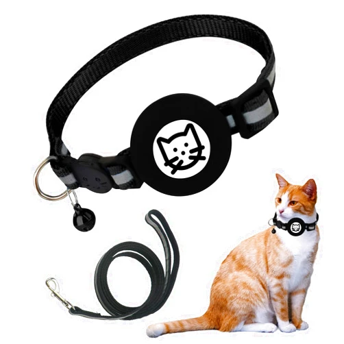 GOVPEM Airtag Cat Collar, Cat Airtag Collar with Bell and Safety Buckle, Adjustable Air Tag Collar and Leash Set Reflective Cat Collar Breakaway with Airtag Holder for Small Pets Cats Puppies Kitten, Black