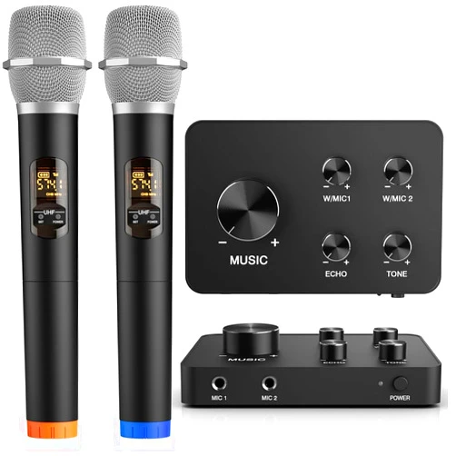 Voijump Wireless Microphone Karaoke Mixer System, Dual Handheld Wireless Microphone for Karaoke, Smart TV, PC, Speaker, Amplifier, Church, Wedding - Support HDMI, AUX in/Out