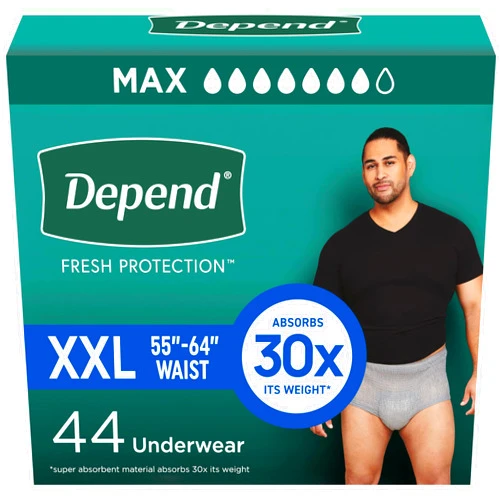 Depend Fresh Protection Adult Diapers, Incontinence Underwear for Men, Disposable, Maximum, Extra-Extra-Large, Grey, 44 Count (2 Packs of 22), Packaging May Vary