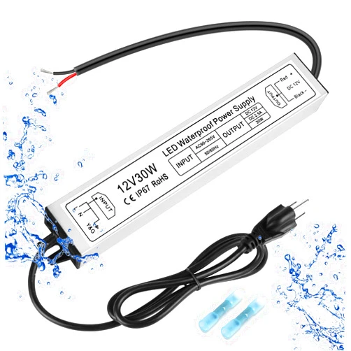 PZETCEIR LED Driver 30W 12V Power Supply, IP67 Waterproof Low Voltage Transformer, AC 90-265V to DC 12V 2.5A Converter with 3-Prong Plug 3.3 Feet Cable for DC 12V Outdoor LED Lights, Industrial, Computer