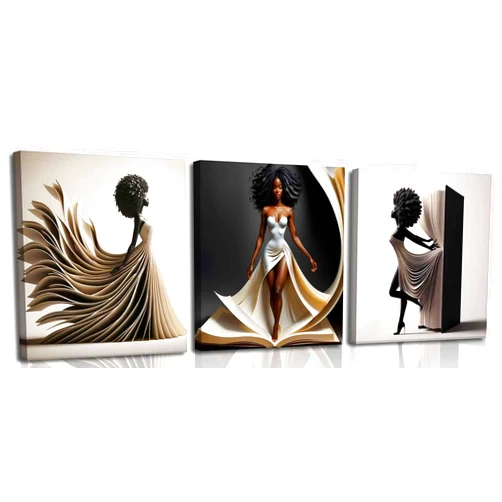 ZLSYQALW 3Pcs Framed Black Girl Canvas Wall Art Black woman Wall Decor Pictures Afro African American Abstract Book Wedding Dress Posters Prints for Bathroom Living Room Bedroom Corridor Decoration 20x20in