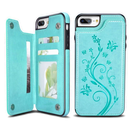 UEEBAI Case for iPhone 7 Plus iPhone 8 Plus, Luxury PU Leather Case [Two Magnetic Clasp] [Card Slots] Stand Function Butterfly Flower Pattern Durable Soft TPU Back Wallet Cover - Mint Green