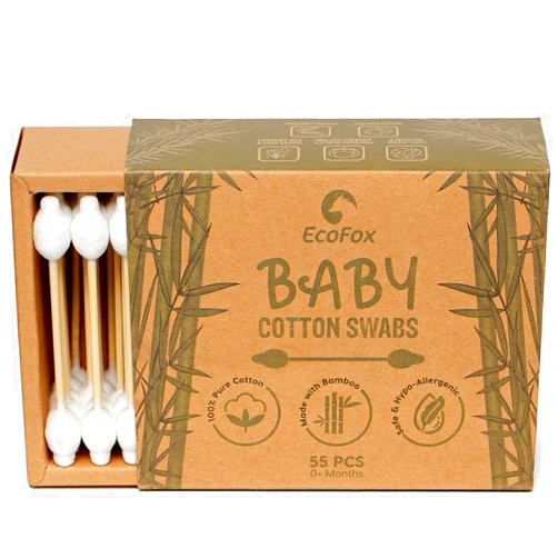 EcoFox Baby Cotton Swabs 220 Count | Biodegradable & Organic Wooden Cotton Buds | Double Tipped Safety Ear Sticks | 100% Eco-Friendly & Natural | Perfect for Removing Toddler & Baby Ear Wax
