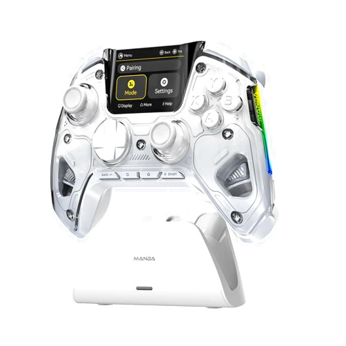 ManbaOne Interactive Screen Wireless Gaming Controller for PC/Switch/iOS/Android,Hall Effect Stick & Trigger,RGB Lighting,Remappable Buttons,1800mAh with Charging Dock (White)