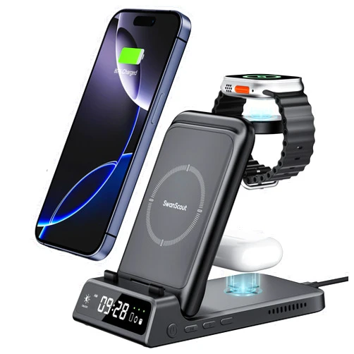 SwanScout Charging Station for iPhone, SwanScout 703A, Wireless Charger for iPhone 16/15/14/13/12/11 Series, for Apple Watch 10/Ultra 2/9/8/7/6/5/SE, for Airpods Pro 2, Travel Foldable and Portable