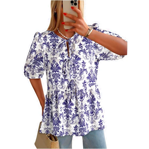 Dokotoo Womens Tops Casual Crewneck Babydoll Peplum Puff Sleeve Shirts Bow Tie Front Boho Summer Blouses