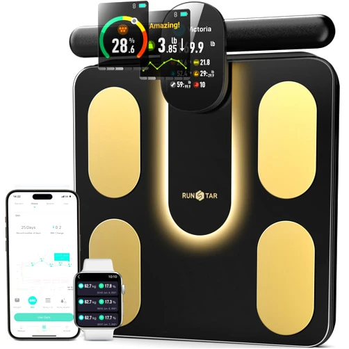 Runstar Smart Scale FSA or HSA Eligible, 8 Electrodes Digital Bathroom Scale for Body Weight and Fat, BMI, Muscle Mass 28 Body Composition Measurement, with Full-Color TFT LCD on Retractable Handle
