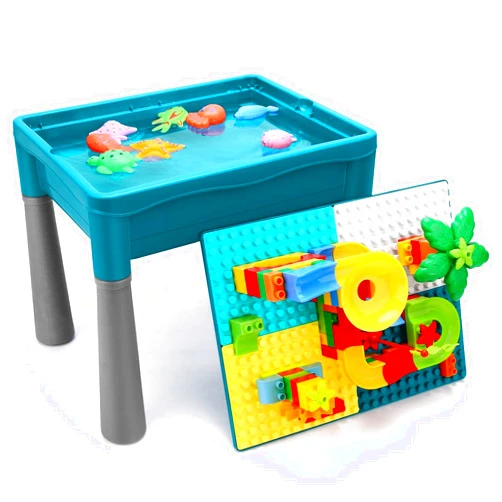 NIWOTA Double Sided Kids Activity Table with Storage, All-in-1 Multi Activity Table, 105pcs Marble Run Building Blocks Table Compatible with Classic Bricks, Craft Play Sand Water Table for Toddler