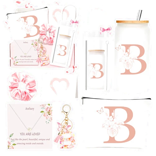 Anfuey Personalized Gift for Women, 9pcs Birthday Gifts for Teen Girls, Teens Trendy Stuff, Initial Glass Cup, Cute Monogrammed Gifts for Women, Teen Girl, Sister, Daughter, Friends-B