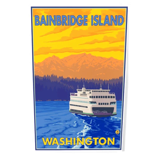 Lantern Press 8x12 Inch Art Print Wall Decor, Bainbridge Island, Washington, Ferry and Mountains