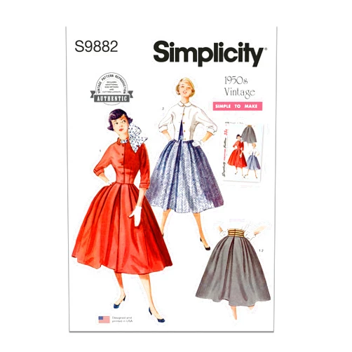 Simplicity Easy to Make Vintage 1950's Misses' Full Skirt and Fitted Jacket Sewing Pattern Packet, Design Code S9882, Sizes 16-18-20-22-24
