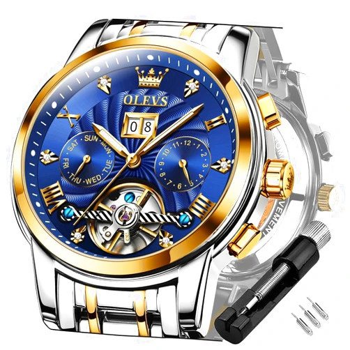 OLEVS Self Winding Watches for Men Tourbillon Automatic Mechanics Luxury Dress Stainless Steel Strap Luminous Waterproof Men Wrist Watches