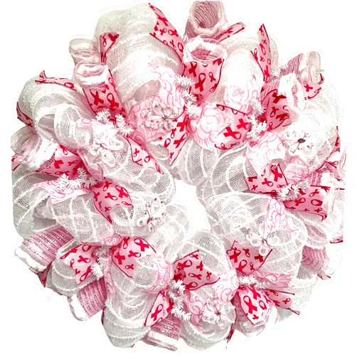 What A Mesh By Diana Breast Cancer Awareness Pink Butterfly Ribbon Wreath Handmade Deco Mesh Available in 24 inch and 28 inch diameters