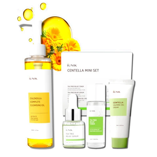 IUNIK Centella Mini Set, Travel Friendly Skincare Set, Ultra calming and hydrating for sensitive skin: Tea Tree Relief Toner, Serum, Centella Calming Gel with Oil Cleanser