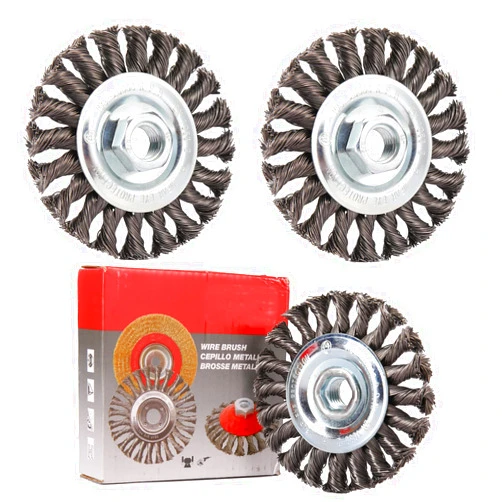 HOYIN 3Pack Hoyin 4-inch Twist-Knotted Wire Wheel Brush with 5/8-11UNC Thread Arbor for Grinders - High-Quality Carbon Steel for Heavy-Duty Cleaning and Deburring Applications