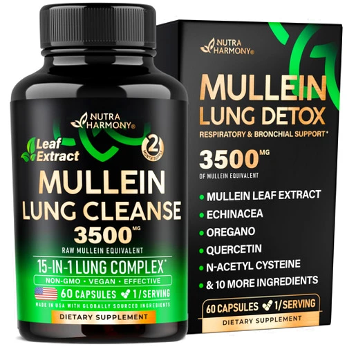 NUTRAHARMONY Mullein Leaf Extract for Lung Detox - Echinacea | Oregano | Quercetin | NAC - 15-in-1 Lungs Support Supplement - Lung Cleanse for Smokers - Made in USA - As Drops, Tea, Tincture, 60 Vegan Capsules