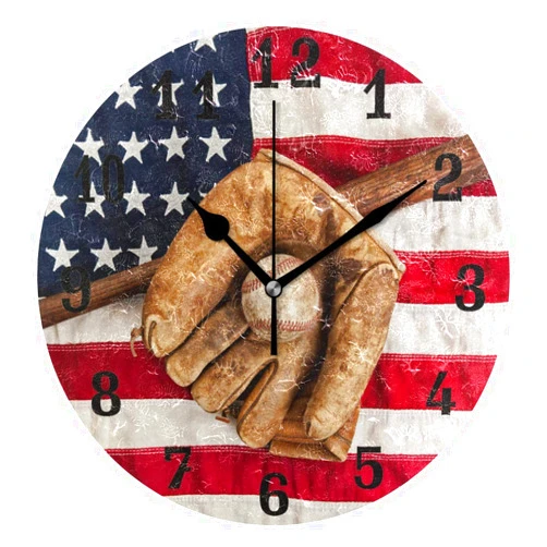 AUUXVA Wall Clock Vintage Ball Baseball American Flag, Silent Non Ticking Clock for Kitchen Living Room Bedroom Home Artwork Gift
