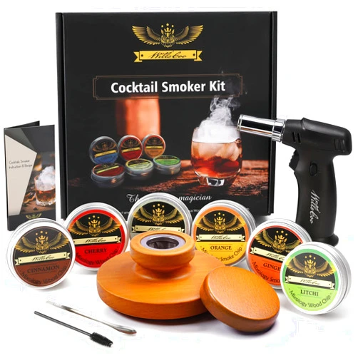 WillsCoo Cocktail Smoker Kit with Torch for Whiskey & Bourbon, Old Fashioned Smoker Set 6 Flavor of Wood Chips Orange/Cinnamon/Ginger/Cherry/Litchi/Hickory Anniversary Birthday for men