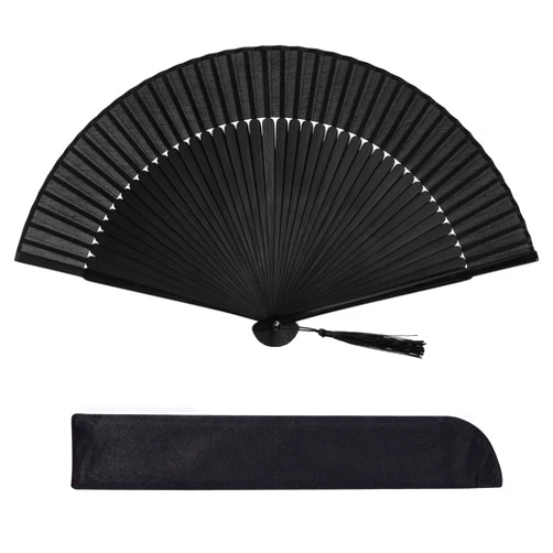 Wobe Hand Held Bamboo Silk Folding Fan, Chinese Japanese Handheld Fan with Tassel Wooden Charming Elegant Vintage Retro Style for Women Ladys Girls Dance Party Home Decorations (Black)
