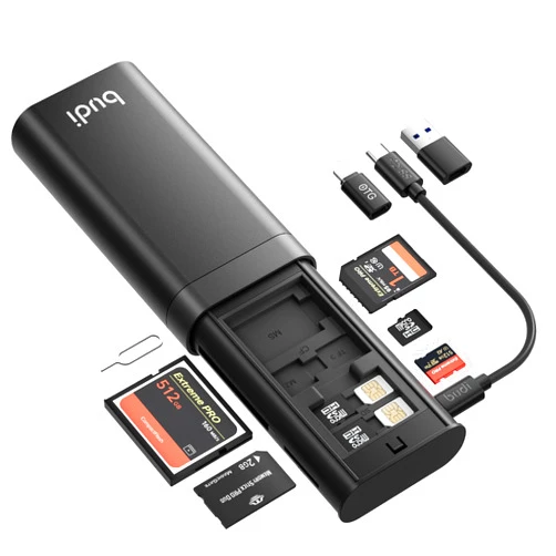BUDI Multifunctional SD Card Reader, SD/TF/Micro SD/CF/MS/M2 7-in-1 5Gbps High-Speed Memory Card Reader USB 3.0 Type-C Interface Carrying Case Holder for Cameras, Smartphones, Drones, Action Cameras