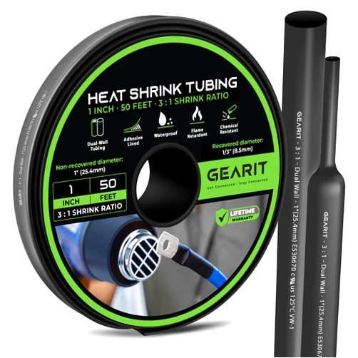 GEARit 1 inch Heat Shrink Tubing - 3:1 Ratio Adhesive Lined, Marine-Grade Waterproof Industrial Shrink Wrap, Dual-Wall Tubing, UL Approved - 50FT Roll - Black
