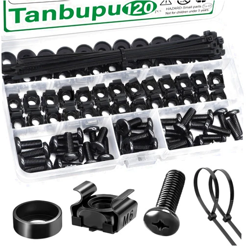 Tanbupu 120Pcs M6 x 16mm Rack Mount Cage Nuts, Screws, Washers and Self-Locking Cable Ties, Black Server Rack Screws and Square Insert Nuts for Rack Mount Server Cabinet, Shelves, Enclosures, Routers