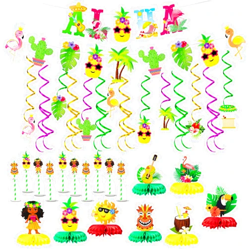 Osonm Hawaiian Luau Party Decorations, Osonm 36PCS Tropical Aloha Party Decorations Supplies with Aloha Banner Hawaiian Style Banner Hanging Swirls Honeycomb Centerpieces Paper Straws for Summer Pool