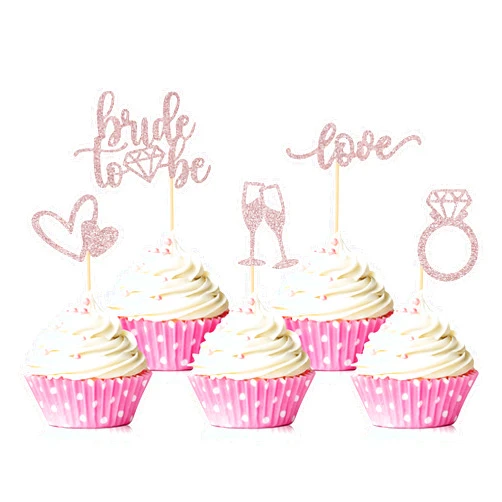 Hengmerry 35 PCS Glitter Diamond Ring Bride to be Love Cupcake Topper Champagne Cake Picks Decorations for Bridal Shower Wedding Engagement Party Supplies, Rose Gold