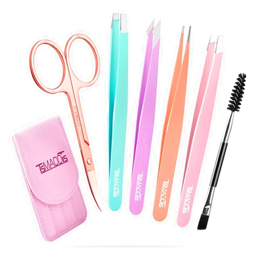 TsMADDTs Eyebrow Tweezer Set, 6 Pcs Tweezers Set for Women, Precision Tweezer for Eyebrows with Curved Scissors for Ingrown Hair, Hair Plucking Daily Beauty Tools with Leather Travel Case