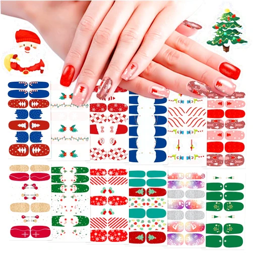 WOKOTO 12 Sheets 168pcs Christmas Nail Polish Stickers Full Nail Wraps for Gel Polish Strips for Women Christmas Nail Stickers Christmas Tree Snow Man Nail Polish Strips Nail Gel Stickers for Nails