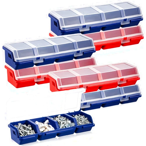 Hushee 6 Pack Screw Organizer Box with Lids 4 Compartments Tool Bin Divider Compartment Containers Sorting Screw Toolbox Case for Garage Craft Tool Hardware Workbench Organizing Storage (Blue, Red)