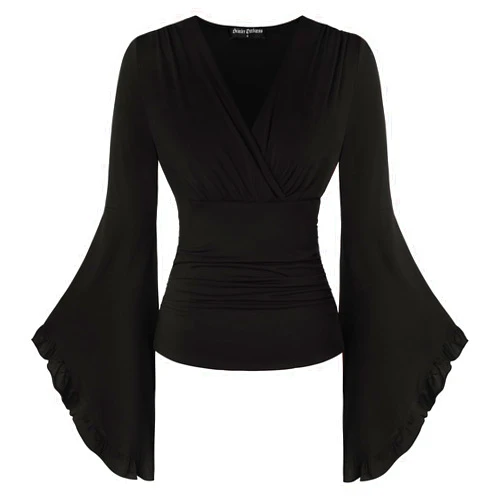 Scarlet Darkness Renaissance Shirt Women V Neck Long Bell Sleeve Wrap Casual Ruched Top