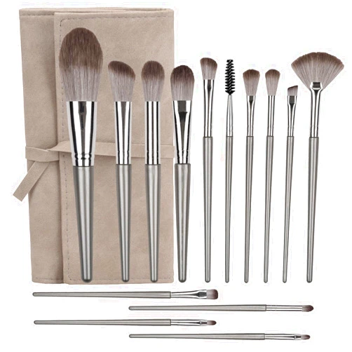 Amrules 14 Pcs Makeup Brush Set, Professional Eye and Face Foundation Brush Set, Eyeshadow Brushes, Cosmetic Brushes, with Pu Bag, Grayish