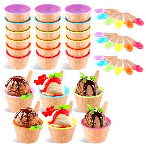 Lemecima Direct Ice Cream Cups with Spoons/Large Plastic Dish with Spoon/Dessert Sundae Frozen Yogurt Bowls Icecream Cup Party Favors Dishes ice crem kits supplies for kids Set of 24